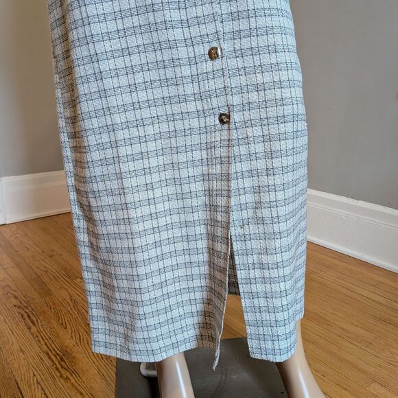 Vintage 90s AMI Knit Plaid Maxi Dress Button Front Gray Pockets Minimalist L - Picture 5 of 9